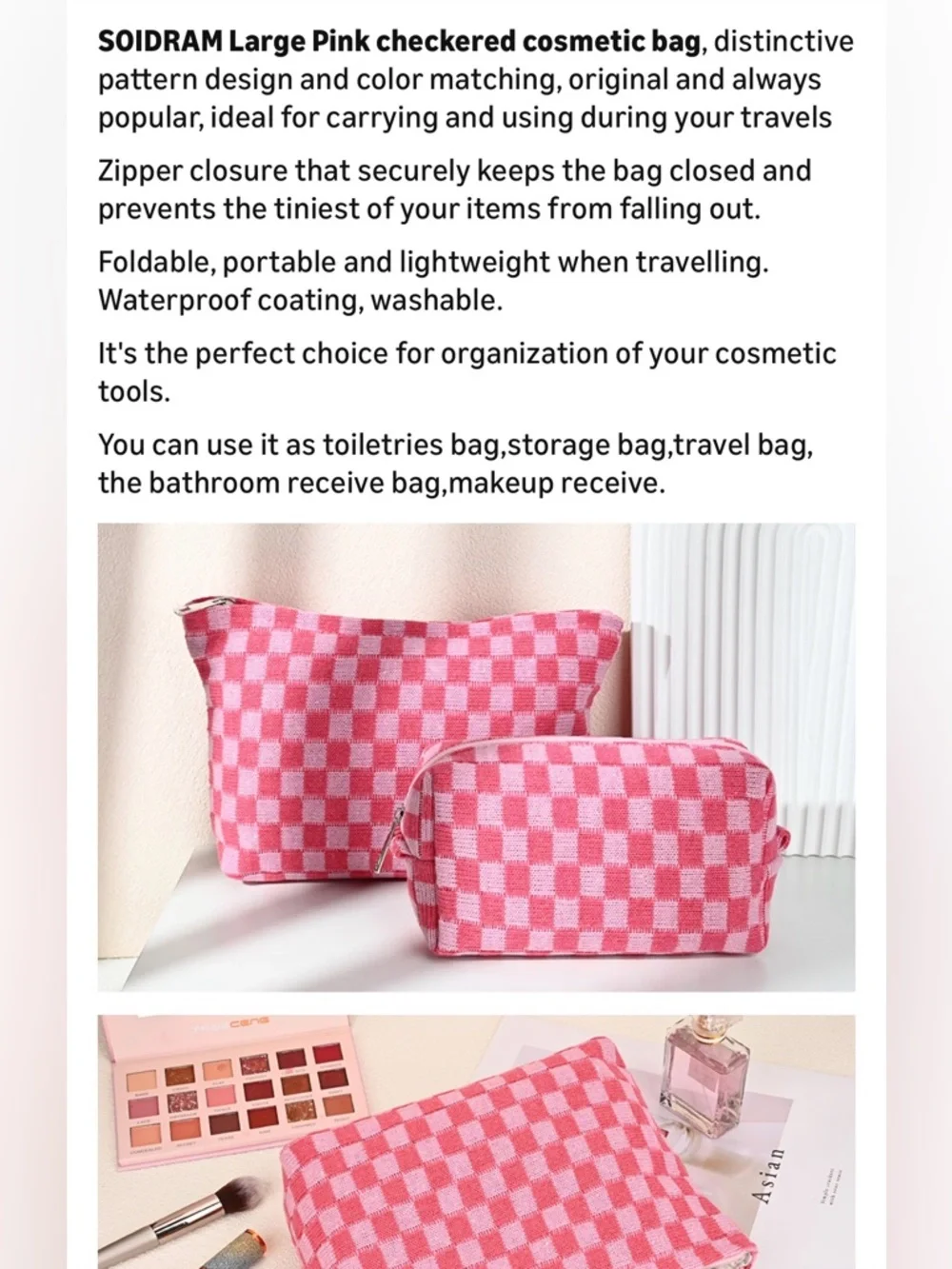 Pink Checkered Cosmetic Bag - Travel Makeup Organizer